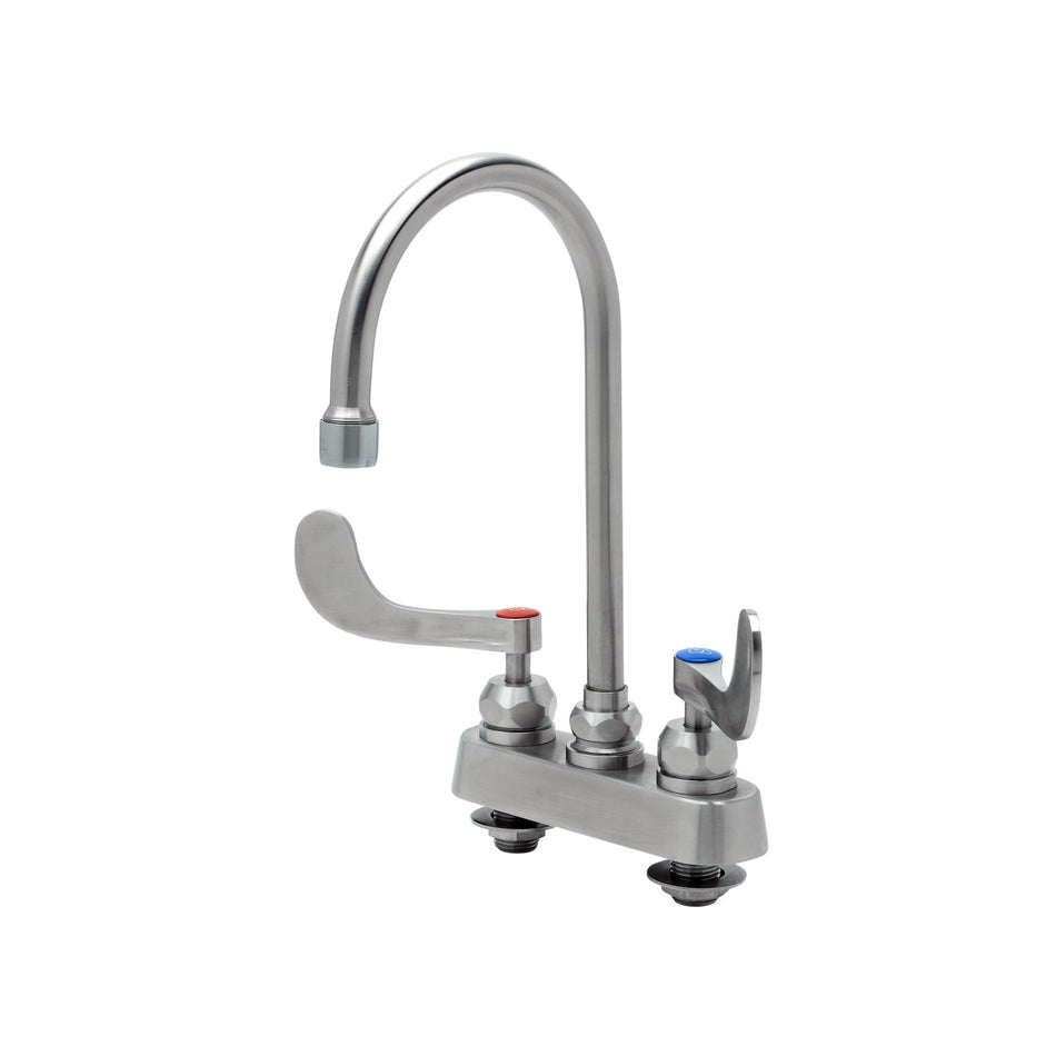 4" Stainless Steel Deck Mount Workboard Faucet with 4" Stainless Steel Wrist Action Handles, 6" Stainless Steel Gooseneck and 2.2 GPM Aerator