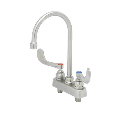 T&S Brass S-1141-04 4" Stainless Steel Deck Mount Workboard Faucet - 6" Gooseneck & 4" Wrist Action Handles