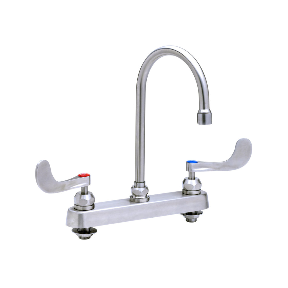 8" Stainless Steel Deck Mount Workboard Faucet with Stainless Steel 4" Wrist Action Handles and Stainless Steel Swivel Gooseneck