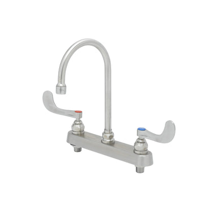 T&S Brass S-1142-04 8" Deck Mount Stainless Steel Workboard Faucet - 4" Wrist Action Handles