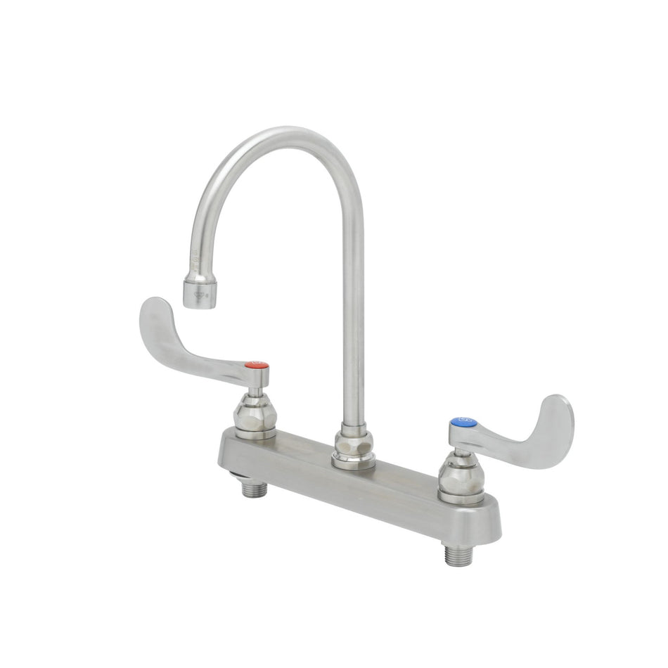 8" Stainless Steel Deck Mount Workboard Faucet with Stainless Steel 4" Wrist Action Handles and Stainless Steel Swivel Gooseneck