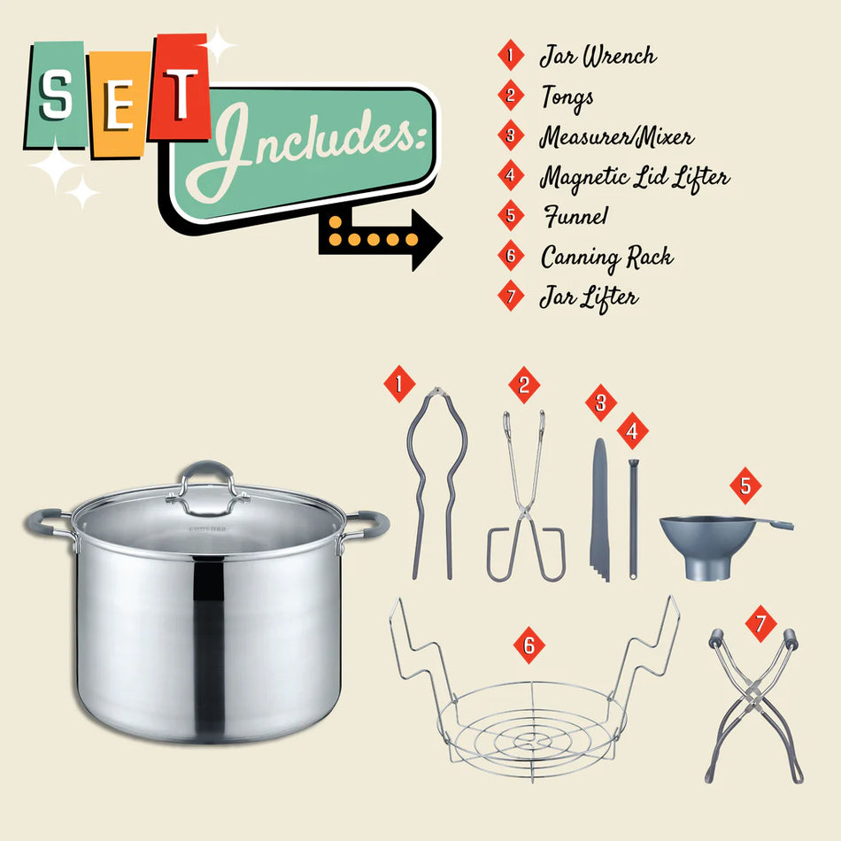 Concord 20 Quart Stainless Steel Canning Pot Set - Includes Canning Rack, Tongs, Jar Lifter, Funnel, Wrench, Lid Lifter, Mixer/Measurer (Induction Compatible)