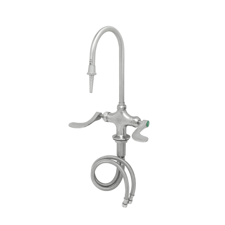 Stainless Steel Lab Deck Mount Mixing Faucet, Swivel/Rigid Gooseneck, Serrated Tip, 4" Wrist Action Handles