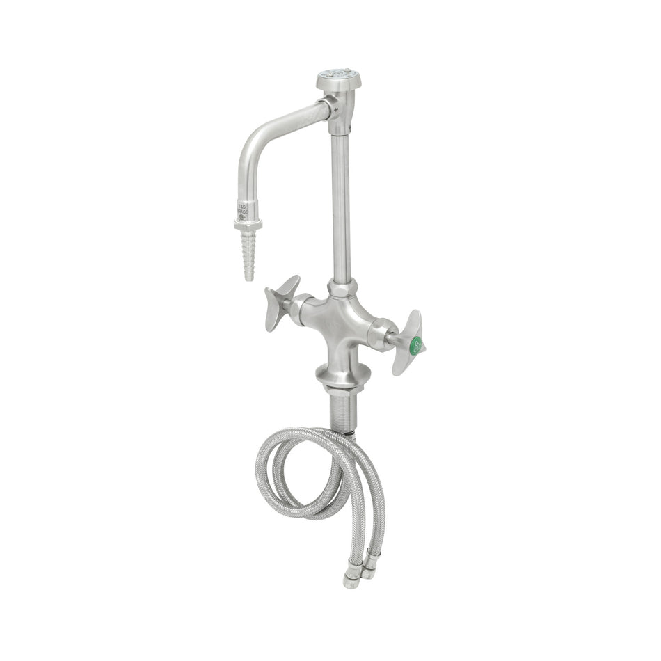 Stainless Steel Lab Deck Mount Mixing Faucet, Swivel/Rigid Gooseneck, Vacuum Breaker w/ Serrated Tip, 4-Arm Handles