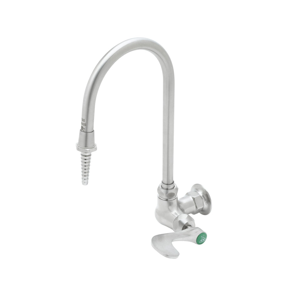 Stainless Steel Lab Single Temperture Wall Mount Faucet, Swivel/Rigid Gooseneck, Serrated Tip, 4" Wrist Action Handle
