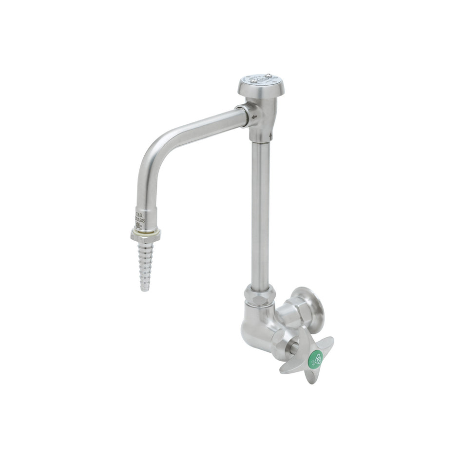 Stainless Steel Lab Single Temperature Wall Mount Faucet, Swivel/Rigid Gooseneck, Vacuum Breaker w/ Serrated Tip, 4-Arm Handle