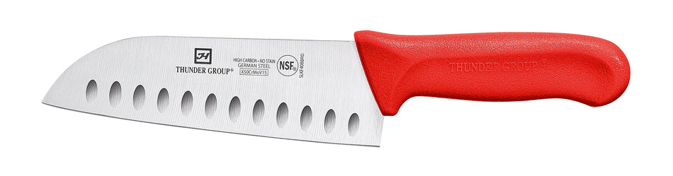 Santoku Knife, 7" Blade, Hollow Ground,  Red Polypropylene Handles, German Steel, NSF