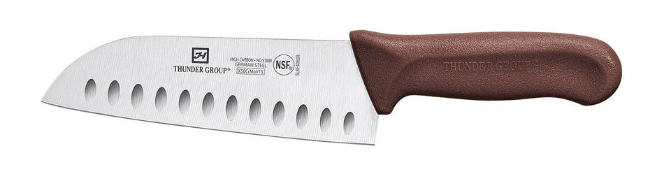 Santoku Knife, 7" Blade, Hollow Ground,  Brown Polypropylene Handles, German Steel, NSF