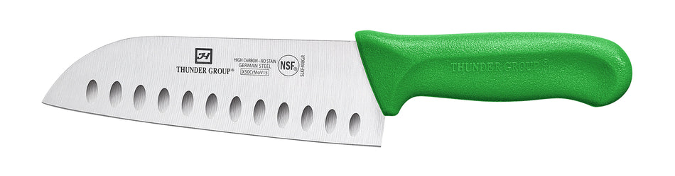 Santoku Knife, 7" Blade, Hollow Ground,  Green Polypropylene Handles, German Steel, NSF