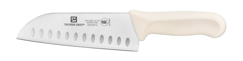 Santoku Knife, 7" Blade, Hollow Ground,  White Polypropylene Handles, German Steel, NSF