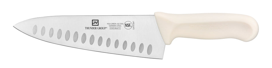 Chef's Knife, 8" Blade, Hollow Ground,  White Polypropylene Handles, German Steel, NSF
