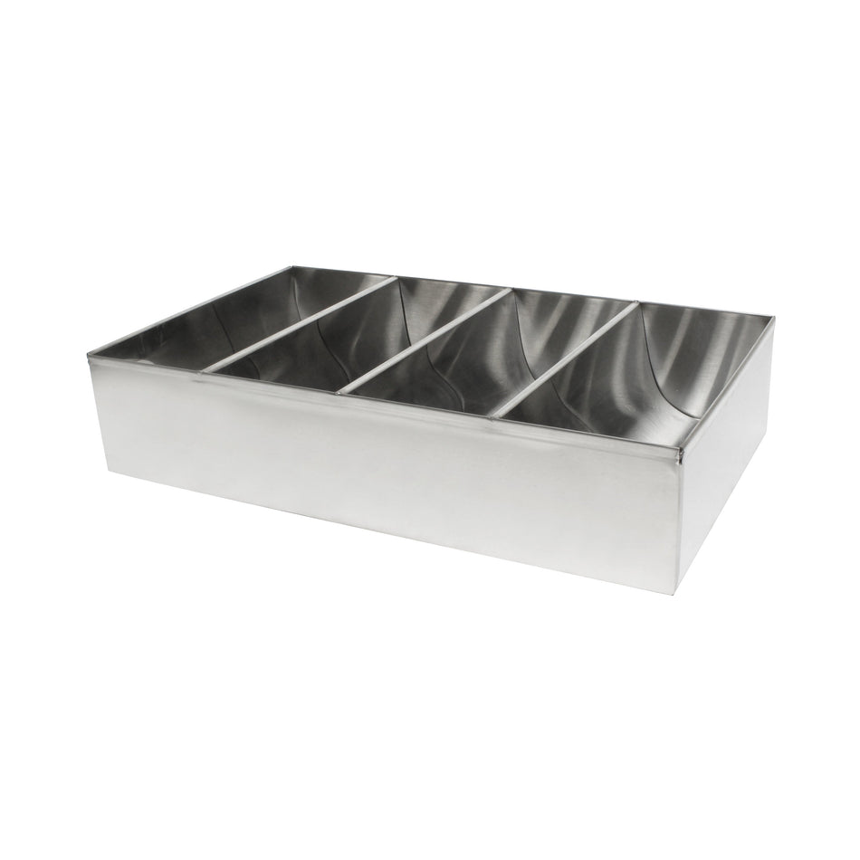 16-7/8" x 10" x 3-5/8", Four Compartment Cutlery Box, (each compartment size:  4-1/8" x 9-7/8" x 3-5/8"), Stainless Steel