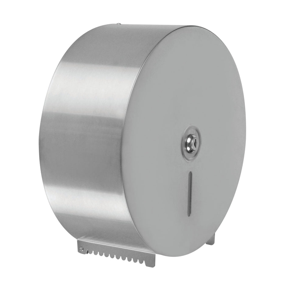 10-1/2" Diameter x 4-1/2" Height, Jumbo-Roll Toilet Tissue Dispenser, 2-3/4" Diameter Center Core, fits 9" Diameter Toilet Paper Roll, Stainless Steel 18-8, 304 Material