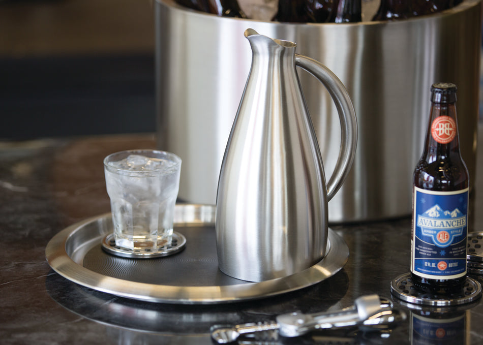 Non-Slip Silicone Surface 14 in. Medium Round Serving Tray in Brushed Stainless and Black