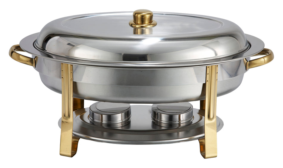 Winco 202 6 Quart Oval Chafing Dish with Mirror Finish and Gold Accents