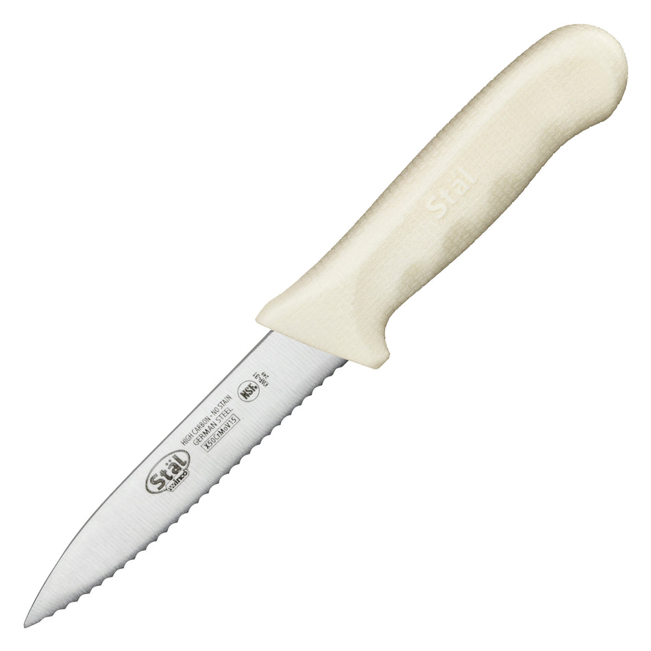Winco KWP-31 3-1/2 Inch Serrated Paring Knife High Carbon No-Stain Steel White Handle