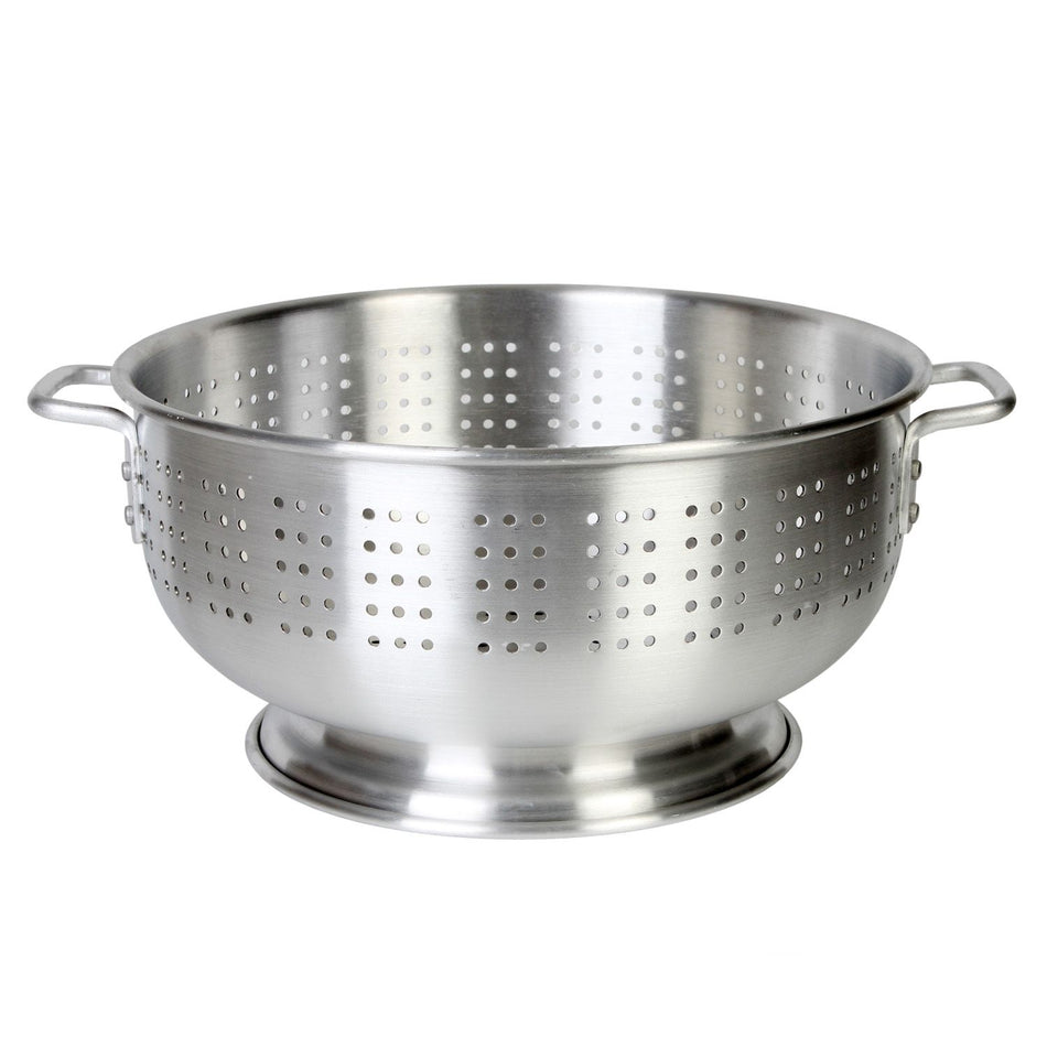 16 qt, 16-1/2" Diameter x 9-5/8" Height, Colander with Handles and Base, Aluminum, Bottom Diameter:  11-1/2", Easy to Clean, Bolted Handles:  1-1/2" Length