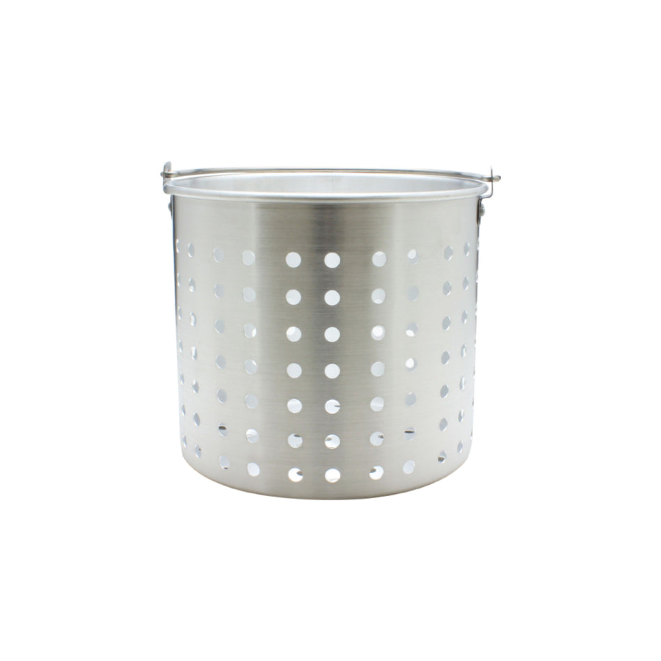 100 qt, 18-1/4" Diameter x 15-3/8" Height, Basket Steamer fits ALSKSP011, Aluminum, Rolled Edge:  3/8", Bottom Diameter:  17-1/4", Handle Height:  9"