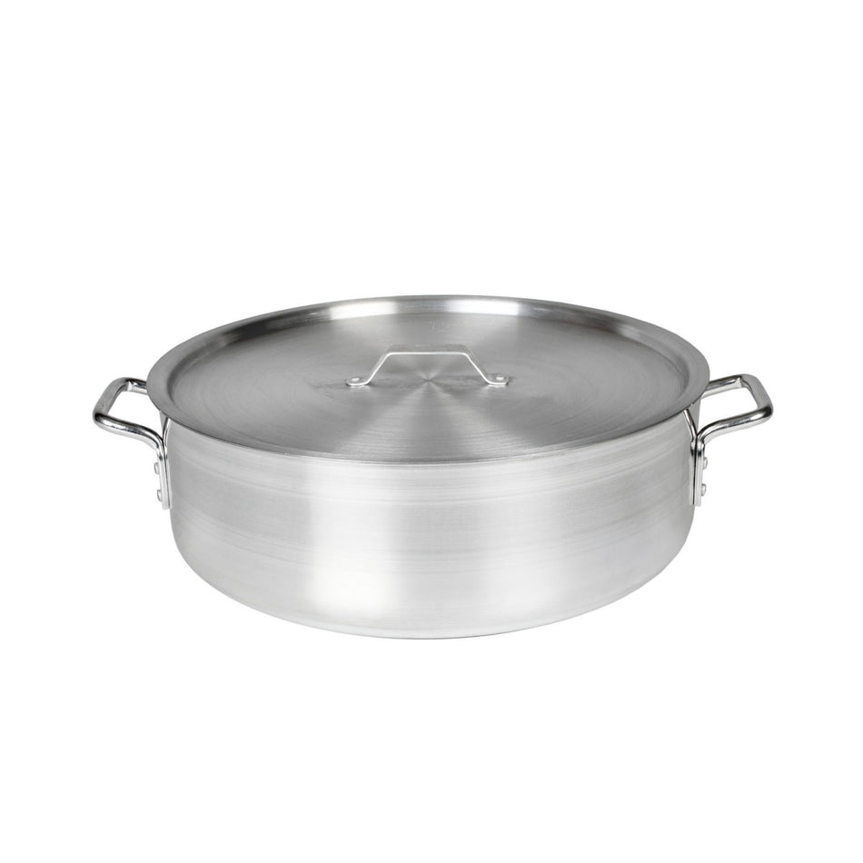 24 qt, 18-1/4" Diameter x 5-1/2" Height with 2-1/8" Pot Handle, Lid Size:  18-1/2" Diameter x 5/8" Thickness with 1" Lid Handle, Brazier Pot with Lid, Aluminum, Mirror-Finished, NSF