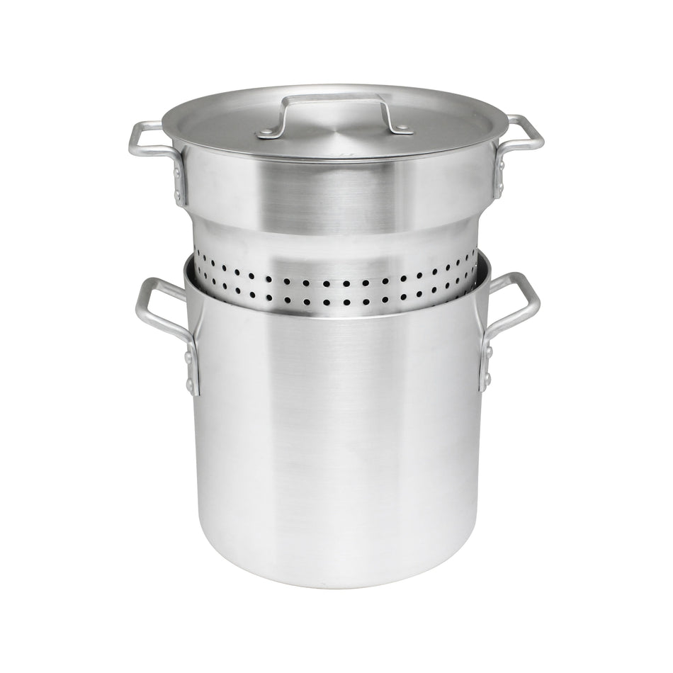 20 qt, Outer Pot:  11-3/4" Diameter x 11" Height with 1-3/4" Handle, Middle Basket:  11-1/4" Diameter x 9-3/4" Height, Lid:  13-1/4" Diameter x 5/8" Thickness and 1" Lid Handle, Pasta Cooker (3 Piece Set), Aluminum, Mirror-Finished