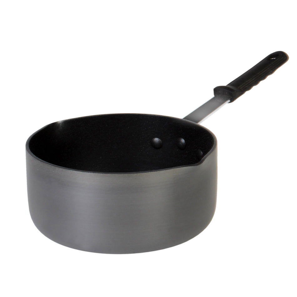 3 qt, 8-1/8" Diameter x 3-7/8" Height, 7-5/8" Length x 1-1/8" Width Chrome Plated Steel Cool Handle with Sleeve, Sauce Pan, Anodized Aluminum, PFOA & PTFE Free, Chrome Plated Steel Cool Handle, Easy To Clean, NSF