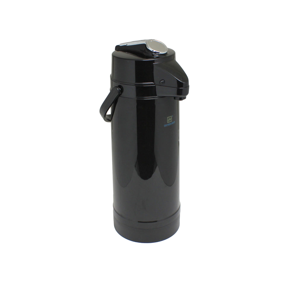 2.2 Liter/74 oz, 6-1/4" Diameter Base x 16" Overall Length (Included Handle Height), Lever Top AirPot, Polypropylene Exterior (Black Color Body & Cap), Glass Lined Interior, Keeps Liquor warm up to 8 Hours, Made in Taiwan