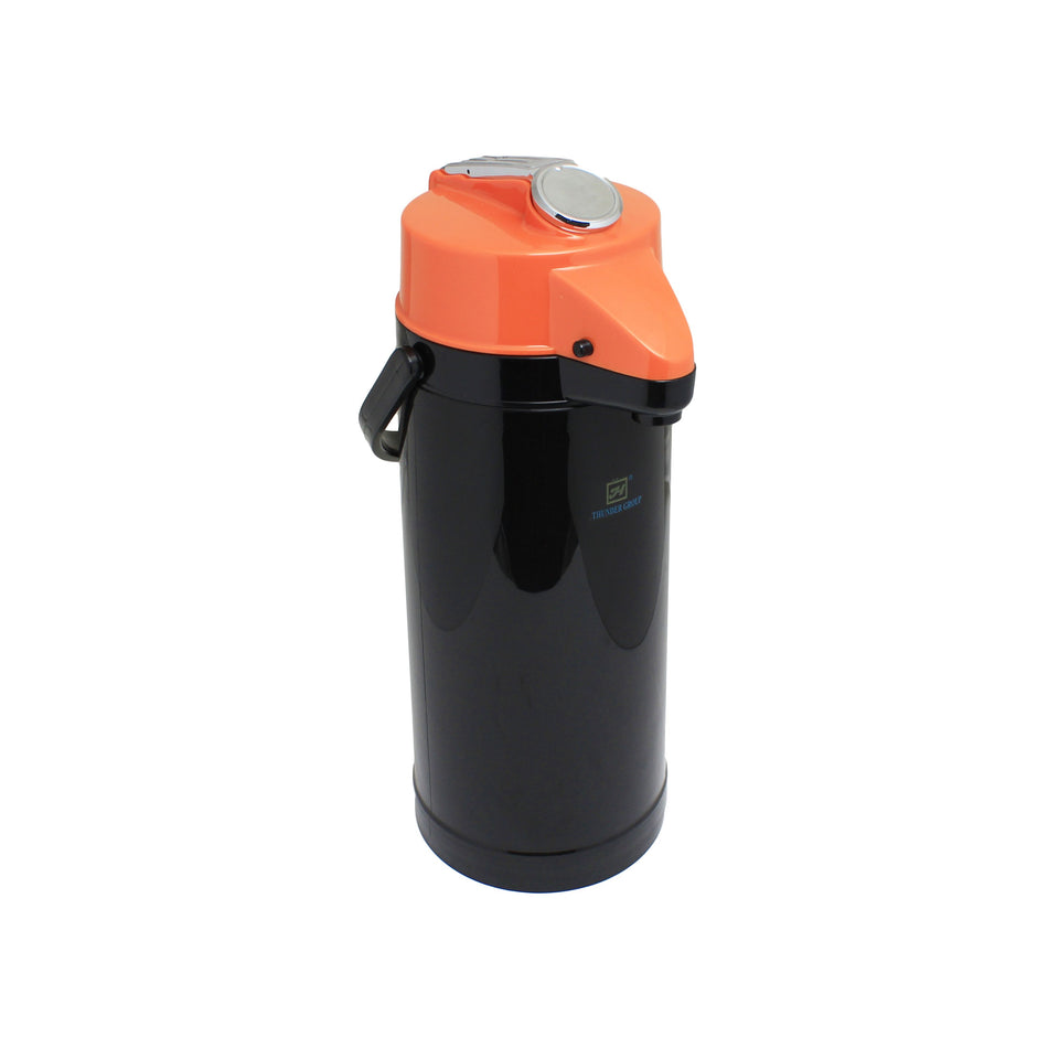 2.5 Liter/84 oz, 6-1/4" Diameter Base x 17" Overall Length (Included Handle Height), Lever Top Decaf AirPot, Polypropylene Exterior (Black Color Body & Orange Cap), Glass Lined Interior, Keeps Liquor warm up to 8 Hours, Made in Taiwan