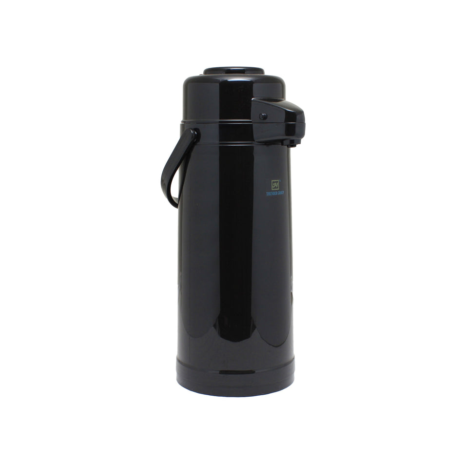 2.2 Liter/74 oz, 6-1/4" Diameter Base x 16" Overall Length (Included Handle Height), Push Button AirPot, Polypropylene Exterior (Black Color Body & Cap), Glass Lined Interior, Keeps Liquor warm up to 8 Hours, Made in Taiwan