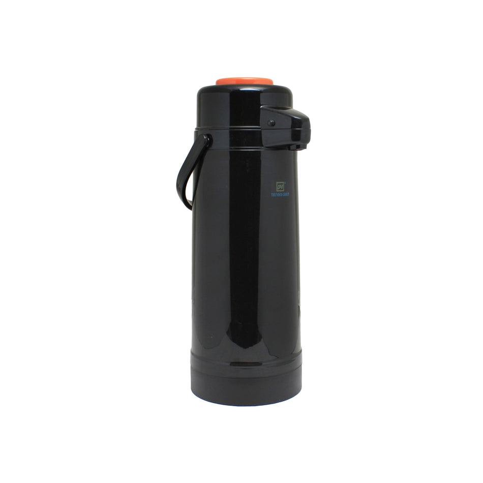2.5 Liter/84 oz, 6-1/4" Diameter Base x 17" Overall Length (Included Handle Height), Push Button Decaf AirPot, Polypropylene Exterior (Black Color Body & Orange Cap), Glass Lined Interior, Keeps Liquor warm up to 8 Hours, Made in Taiwan