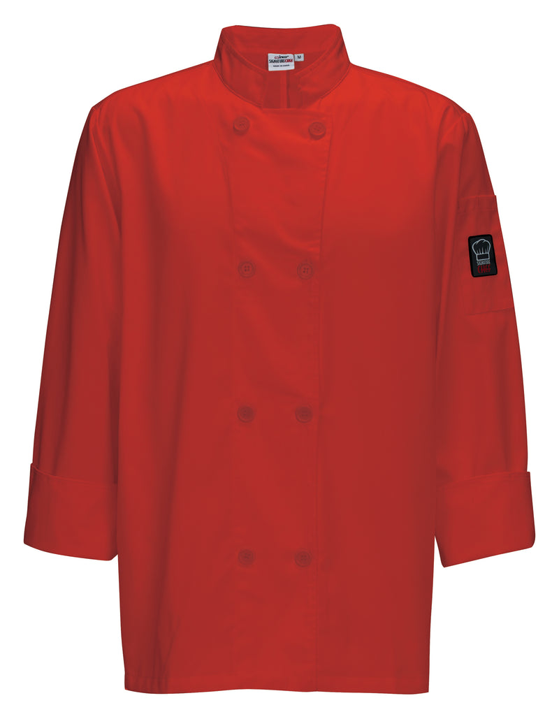 Winco UNF-6RXL XL Tapered Fit Double Breasted Chef Coat Red Poly-Cotton