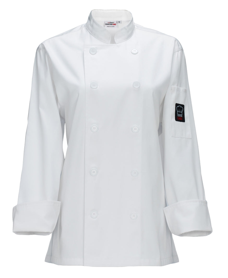 Winco UNF-7WM Medium Women's Chef Jacket Tapered Fit Double Breasted with Pocket Poly-Cotton White