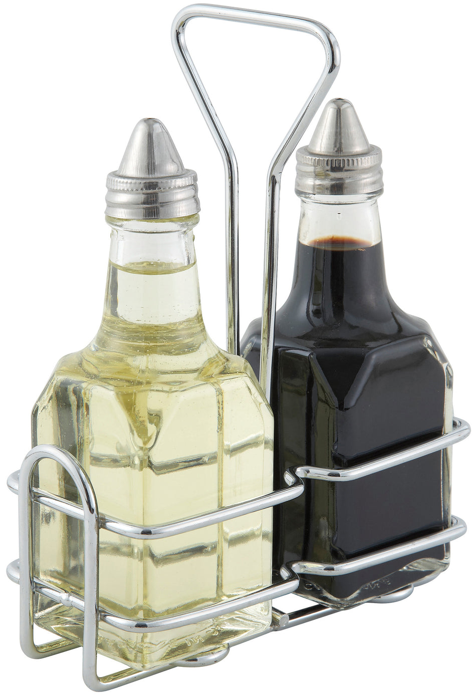 Winco G-104S 6 Oz Oil and Vinegar Cruet Set with Chrome Rack