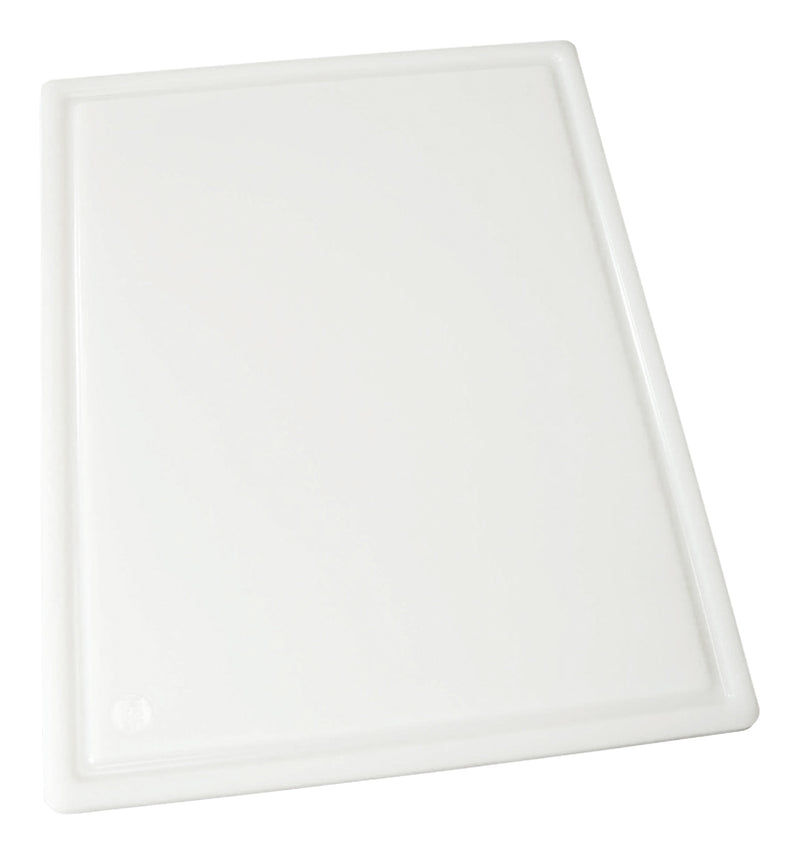 Winco 12" x 18" White Plastic Cutting Board - Grooved Edge
