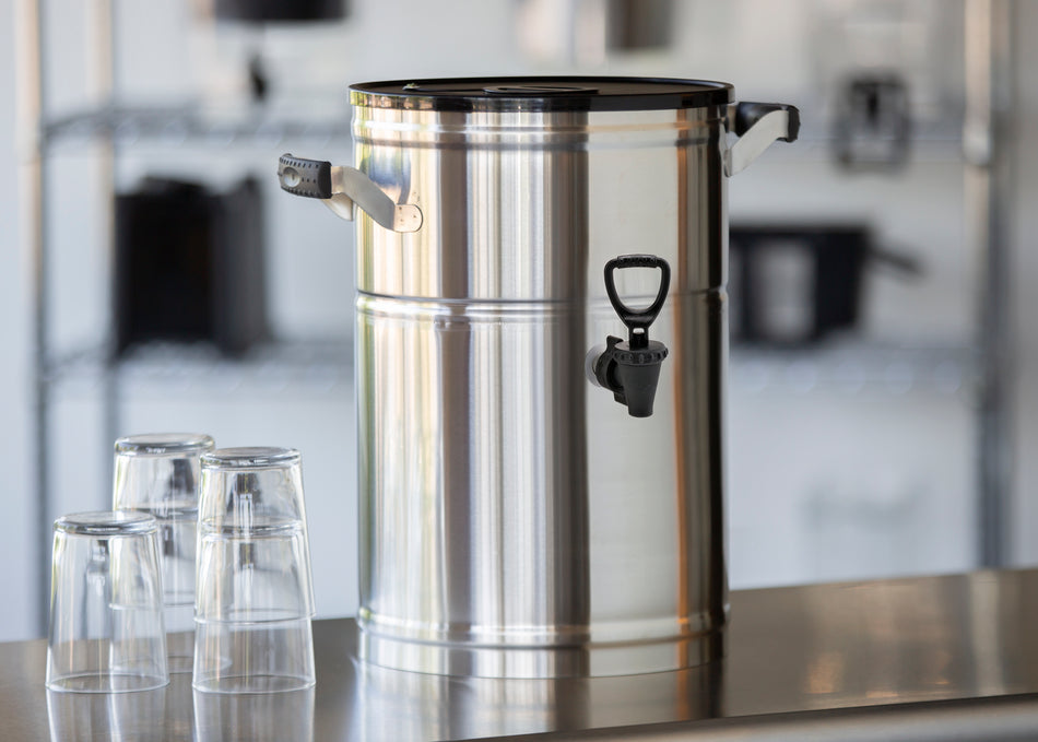 Commercial Tea Urn 5 Gallon - Round Brushed Stainless Steel and Black