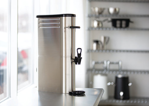 Slim Commercial Tea Urn 5 Gallon - Brushed Stainless and Black