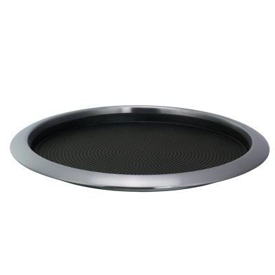 Service Ideas 14 Inch Round Medium Serving Tray - Non-Slip Insert Brushed Stainless and Black