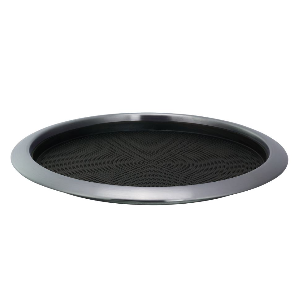 Service Ideas 14 Inch Round Medium Serving Tray - Non-Slip Insert Brushed Stainless and Black