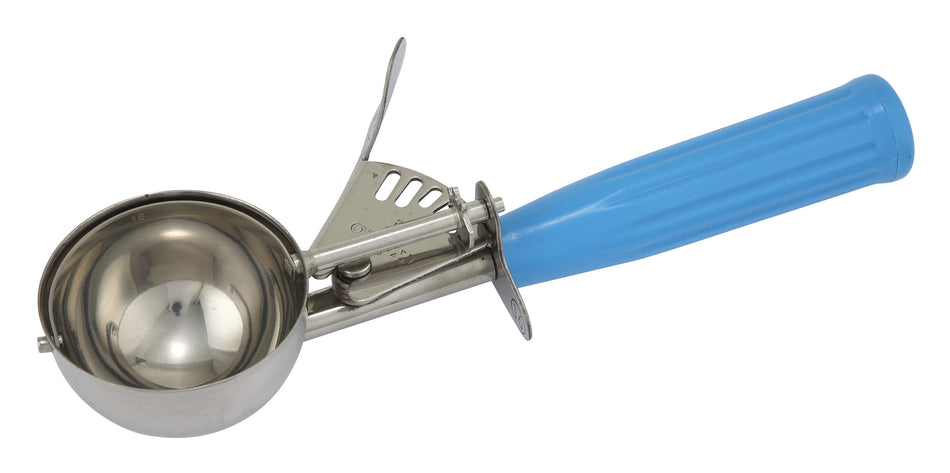 Winco ICD-16 2-3/4 Oz Ice Cream Disher Thumb Press Plastic Handle Blue Stainless Steel