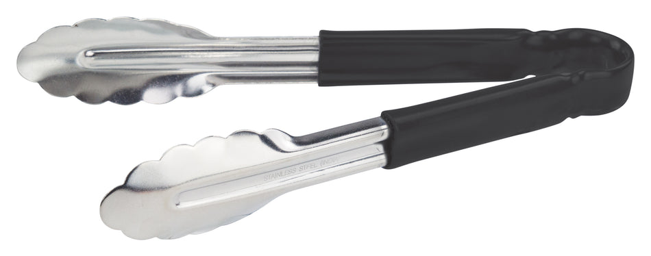 Winco UT-9HP-K 9 Inch Utility Tongs for Cold Food Service Black Plastic Handle Stainless Steel