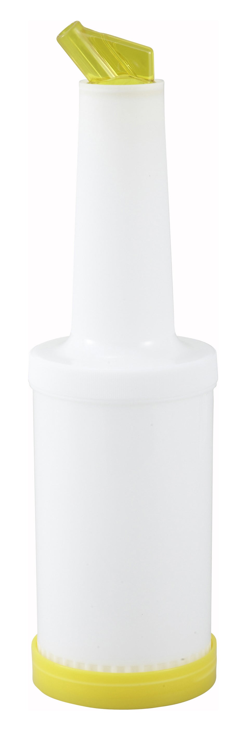 Winco PPB-1Y 1 Quart Liquor and Juice Multi Pour with Yellow Spout and Lid
