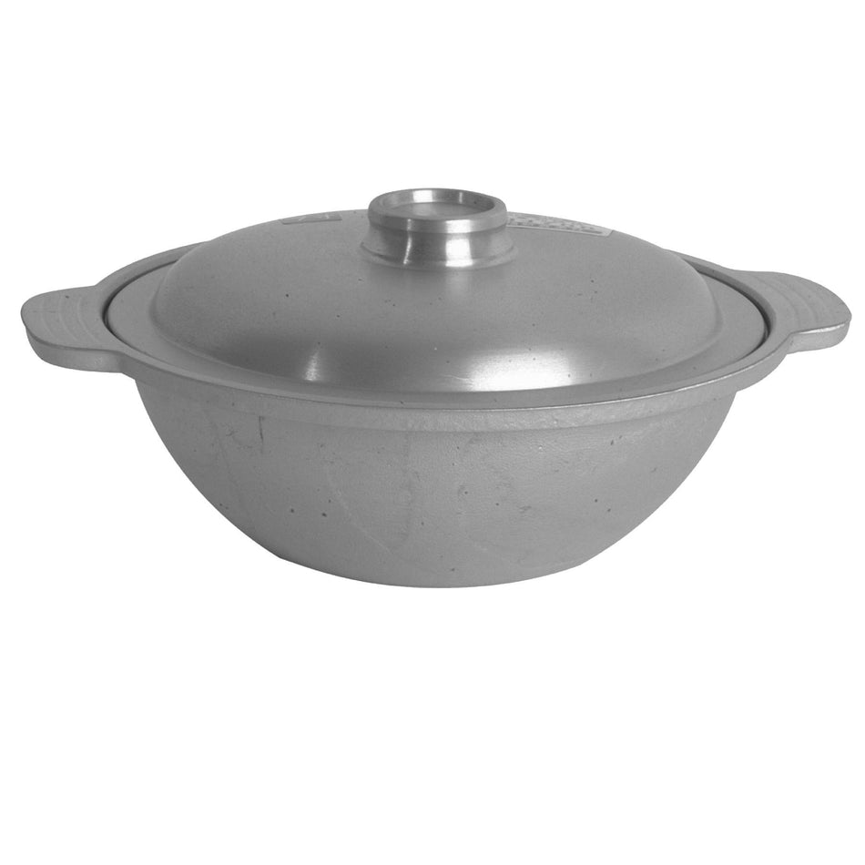 9" Diameter x 3-3/8" Deep, 1" Handle, Lid:  9-7/8" Diameter x 1-7/8" thickness, Aluminum Sam Bai Wok with Lid