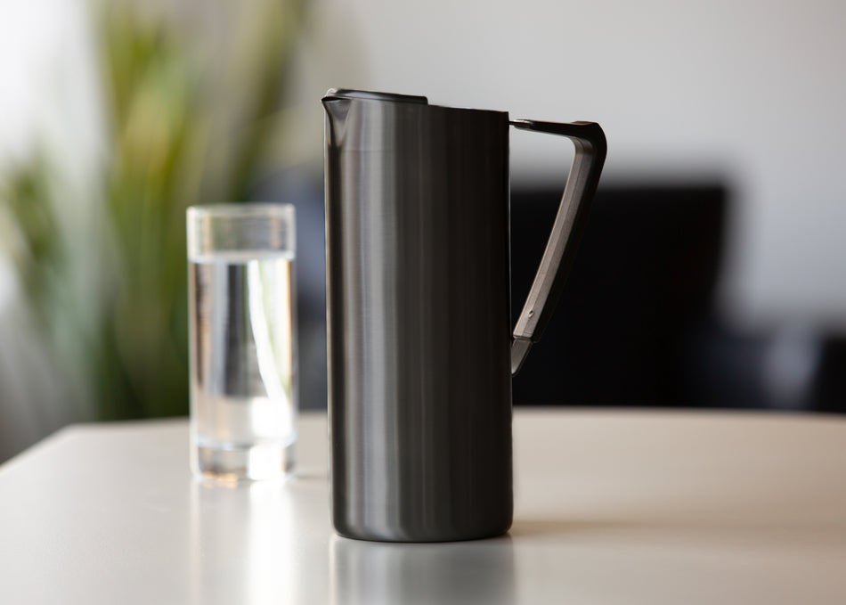 Slim 1.9-Liter Stainless Water Pitcher with Ice Guard in Black Onyx