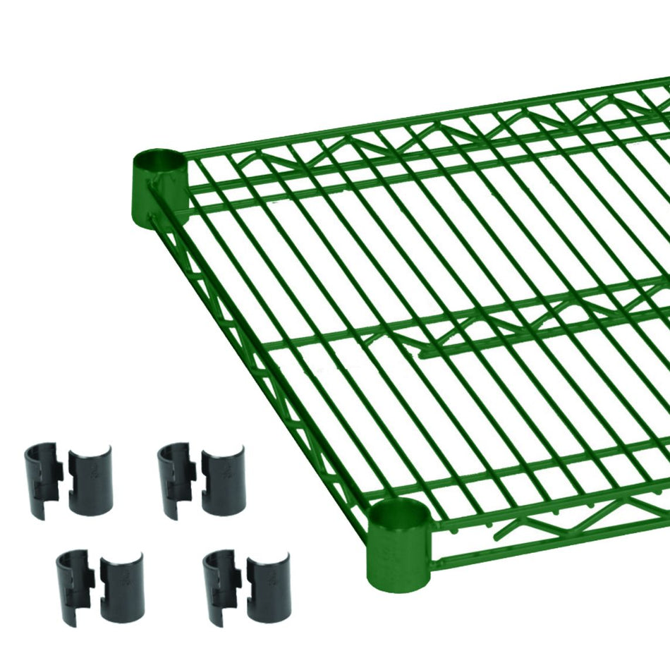 24" x 60" Shelf with 4 Set of Sleeve Clips, Green Epoxy Coated Iron Wire, 5 Years Limited Warranty, Over 48" shelf's weight capacity is up to 600 lbs. on leveling feet, when shelf is on caster, maximum weight capacity is 150 lbs., Heavy-Duty, NSF