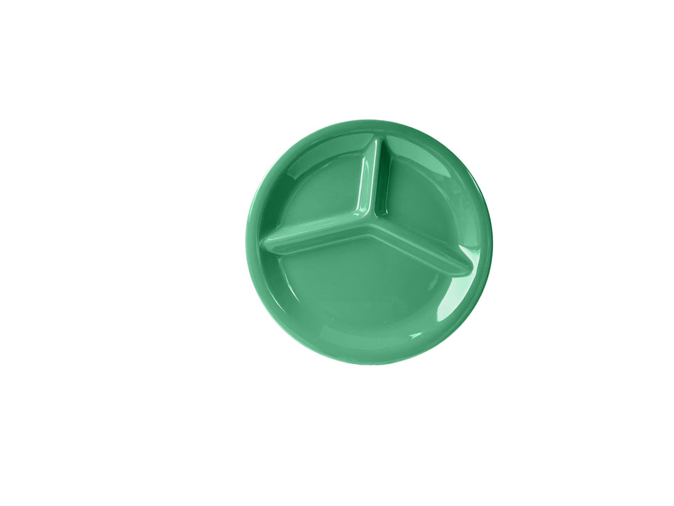 12 Pack 10-1/4" Diameter x 1" Height, 3 Compartment Plate, Green Color, Melamine, BPA Free, Dishwasher Safe, Break-Resistant, Shatter-Resistant, No Microwave, No Oven, NSF