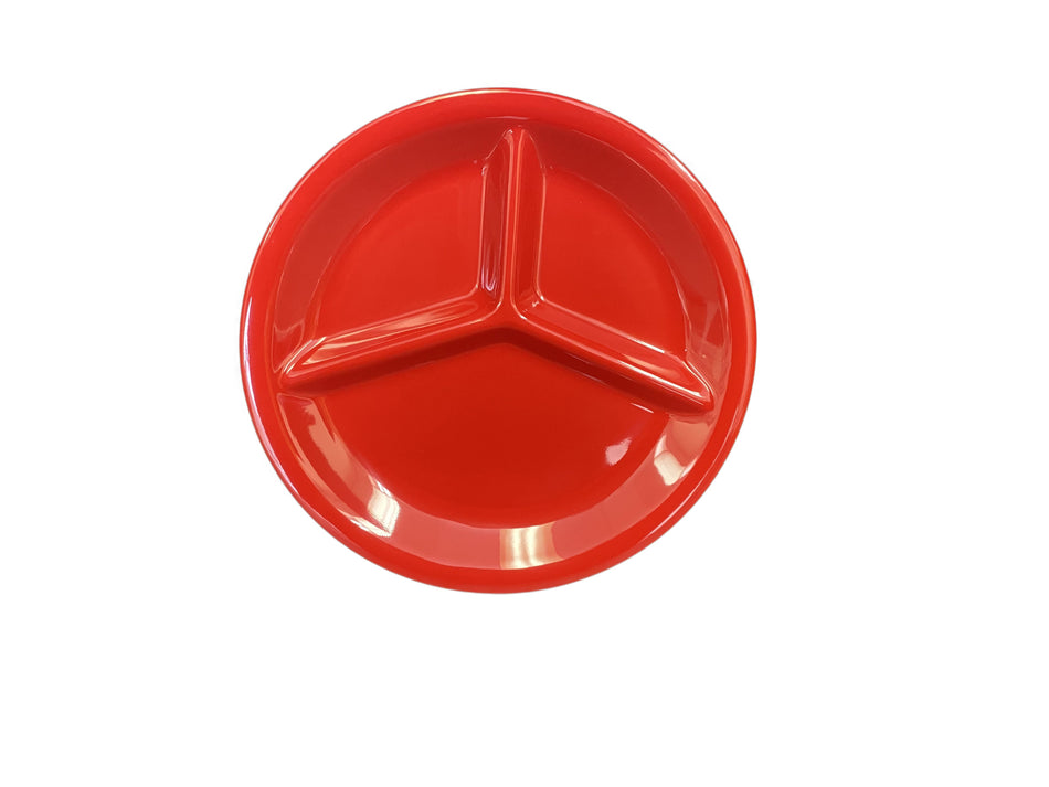 12 Pack 10-1/4" Diameter x 1" Height, 3 Compartment Plate, Pure Red Color, Melamine, BPA Free, Dishwasher Safe, Break-Resistant, Shatter-Resistant, No Microwave, No Oven, NSF