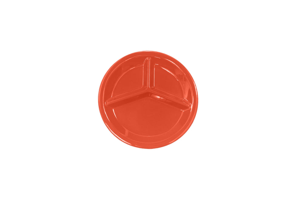 12 Pack 10-1/4" Diameter x 1" Height, 3 Compartment Plate, Orange Color, Melamine, BPA Free, Dishwasher Safe, Break-Resistant, Shatter-Resistant, No Microwave, No Oven, NSF