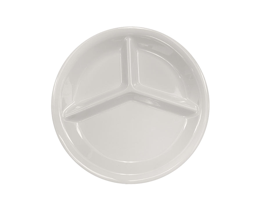 12 Pack 10-1/4" Diameter x 1" Height, 3 Compartment Plate, Ivory Color, Melamine, BPA Free, Dishwasher Safe, Break-Resistant, Shatter-Resistant, No Microwave, No Oven, NSF