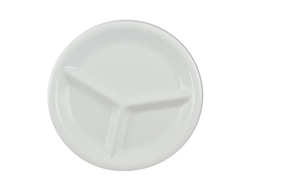 12 Pack 10-1/4" Diameter x 1" Height, 3 Compartment Plate, White Color, Melamine, BPA Free, Dishwasher Safe, Break-Resistant, Shatter-Resistant, No Microwave, No Oven, NSF