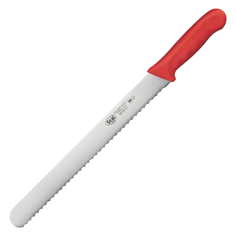 Winco KWP-121R 12 Inch Blade Red Polypropylene Handle Knife Wavy Edge High Carbon No Stain German Steel