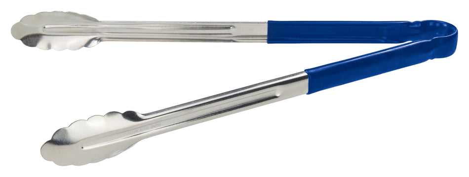 Winco UT-16HP-B 16 Inch Utility Tongs for Cold Food Service Scalloped Edge Blue Stainless Steel Handle